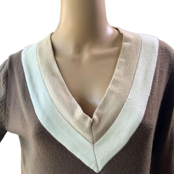 K. Jordan Brown Cream V Neck Long Sleeve Sweater Dress Size Medium - Picture 2 of 12